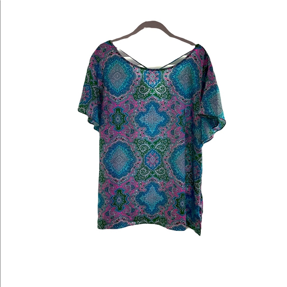 Talbots short sleeve blouse XL.front and back have darts. Turquoise, pink print